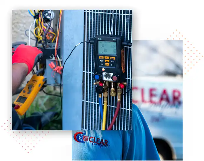 Master-Tech AC repair diagnostic in Orlando FL — Clear Comfort certified technician performing precision refrigerant and electrical diagnostics on-site.