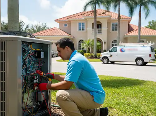 Clear Comfort Master-Tech technician performing precision AC electrical diagnostic at an Orlando FL home — same-day repair service with service van on-site.
