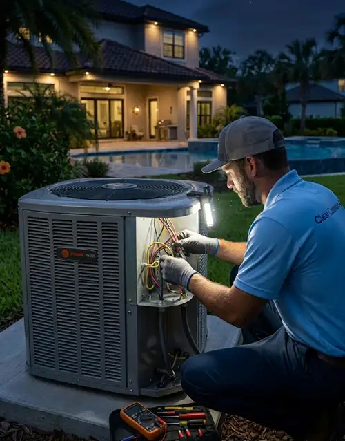 ClearComfort HVAC technician repairing an air conditioning unit at night in Orlando, Florida — professional 24/7 emergency AC repair service with no after-hours price markup